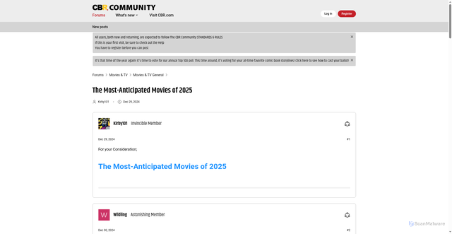 Security scan screenshot of https://community.cbr.com/threads/the-most-anticipated-movies-of-2025.176335/