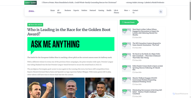 Security scan screenshot of https://www.zennetworkpath.nl/who-is-leading-in-the-race-for-the-golden-boot-award/