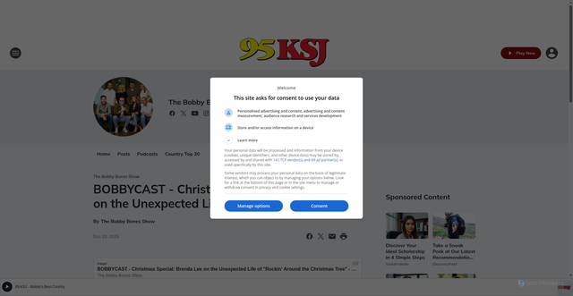 Security scan screenshot of https://95ksj.iheart.com/featured/bobby-bones/content/2025-12-23-1119-the-bobby-bones-show-bobbycast-christmas-special-brenda-lee-on-the-une/