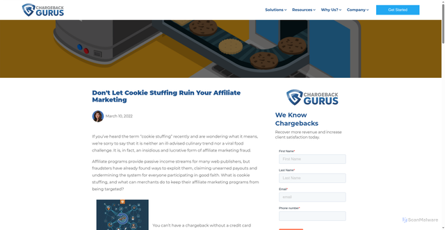 Security scan screenshot of https://www.chargebackgurus.com/blog/cookie-stuffing