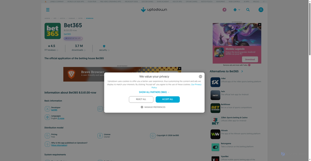 Security scan screenshot of https://bet365.en.uptodown.com/android/download