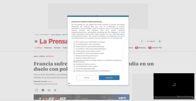 Security scan screenshot of https://www.laprensa.hn/videos/deportes/francia-sufre-pero-remonta-ante-islandia-en-un-duelo-con-polemica-LG27308399