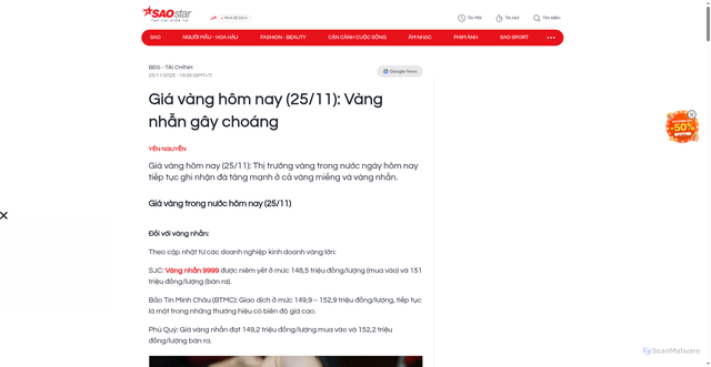 Security scan screenshot of https://www.saostar.vn/kinh-doanh/gia-vang-hom-nay-25-11-vang-nhan-gay-choang-202511251434048901.html