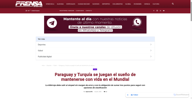 Security scan screenshot of https://soynuevaprensadigital.com/npd/paraguay-y-turquia-se-juegan-el-sueno-de-mantenerse-con-vida-en-el-mundial/