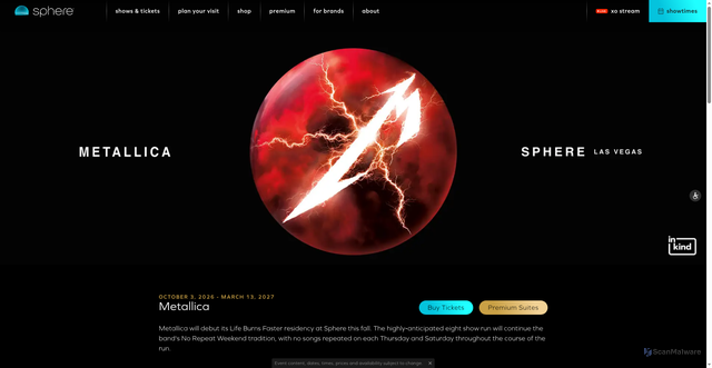 Security scan screenshot of https://www.thesphere.com/shows/metallica