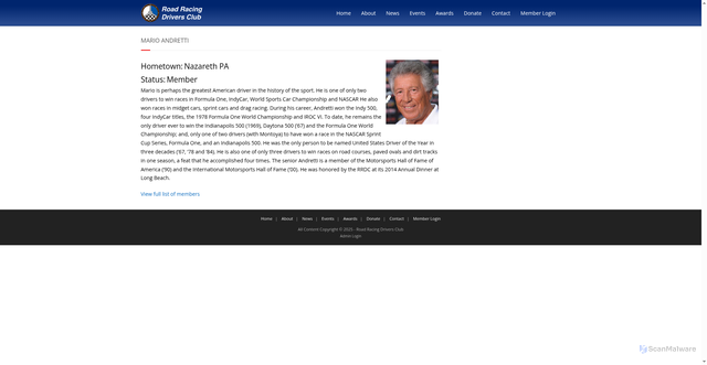 Security scan screenshot of https://rrdc.org/member/mario-andretti/