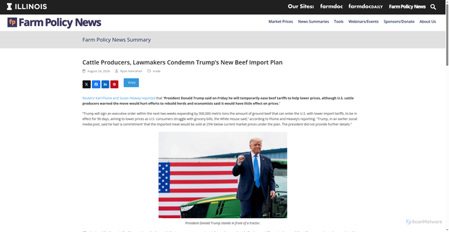 Security scan screenshot of https://farmpolicynews.illinois.edu/2026/08/cattle-producers-lawmakers-condemn-trumps-new-beef-import-plan/