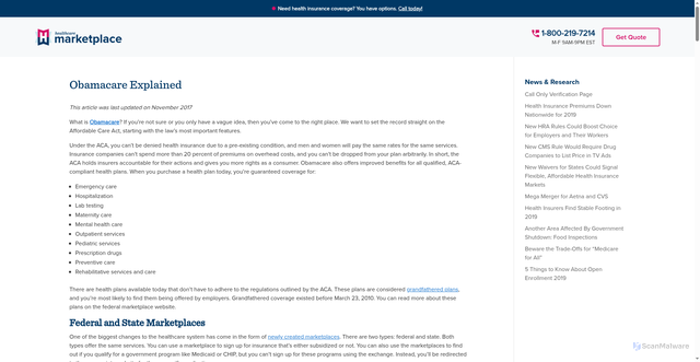 Security scan screenshot of https://www.healthcaremarketplace.com/obamacare-explained/