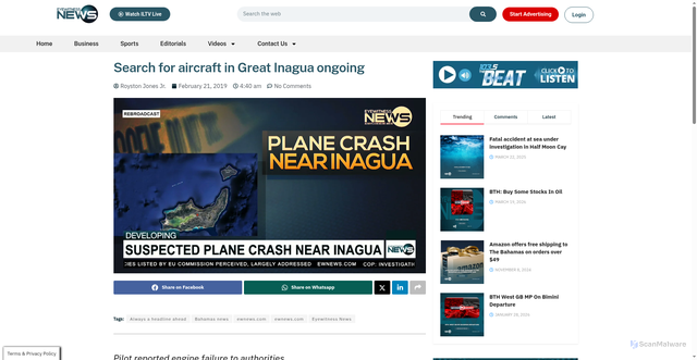Security scan screenshot of https://ewnews.com/search-for-aircraft-in-great-inagua-ongoing/