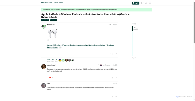 Security scan screenshot of https://forums.woot.com/t/apple-airpods-4-wireless-earbuds-with-active-noise-cancellation-grade-a-refurbished/2027021