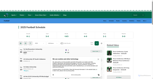 Security scan screenshot of https://tulanegreenwave.com/sports/football/schedule
