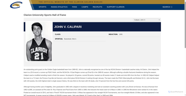 Security scan screenshot of https://clariongoldeneagles.com/honors/clarion-university-sports-hall-of-fame/john-v-calipari/41