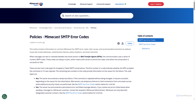 Security scan screenshot of https://mimecastsupport.zendesk.com/hc/en-us/articles/34000709564691-Policies-Mimecast-SMTP-Error-Codes#550