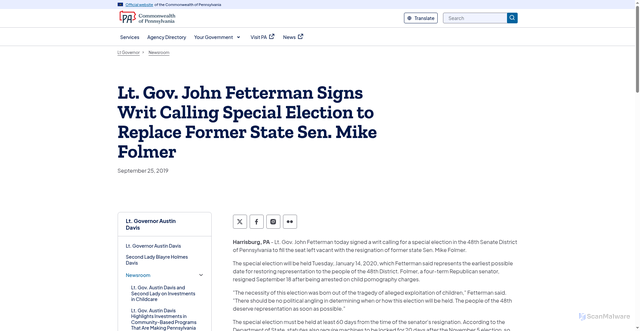 Security scan screenshot of https://www.pa.gov/ltgovernor/newsroom/lt-gov-john-fetterman-signs-writ-calling-special-election-to-replace-former-state-sen-mike-folmer.html