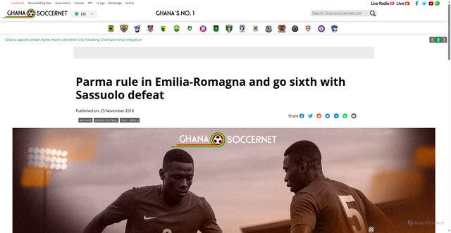 Security scan screenshot of https://ghanasoccernet.com/parma-rule-in-emilia-romagna-and-go-sixth-with-sassuolo-defeat