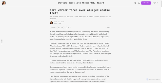 Security scan screenshot of https://phoebewallhoward.substack.com/p/ford-worker-fired-over-alleged-cookie