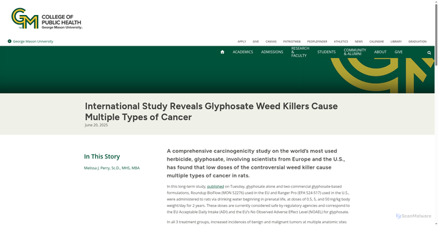 Security scan screenshot of https://publichealth.gmu.edu/news/2025-06/international-study-reveals-glyphosate-weed-killers-cause-multiple-types-cancer