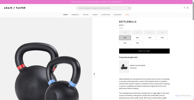 Security scan screenshot of https://www.againfaster.com/products/smai-kettlebells