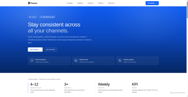 Security scan screenshot of https://pixelvise-website.pages.dev/expertise/social-media-content/
