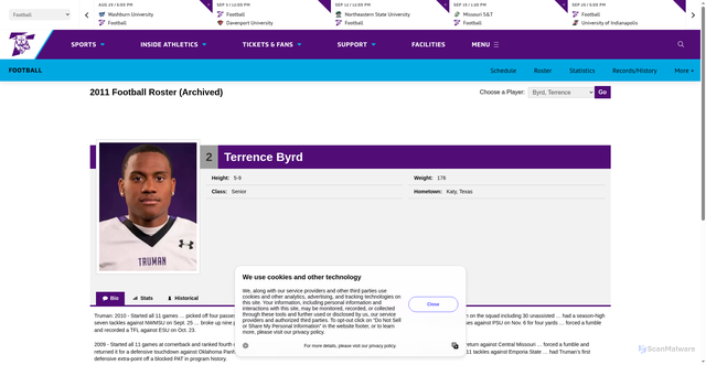 Security scan screenshot of https://trumanbulldogs.com/sports/football/roster/terrence-byrd/614