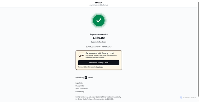 Security scan screenshot of https://pay.sumup.com/b2c/X39N31EA17