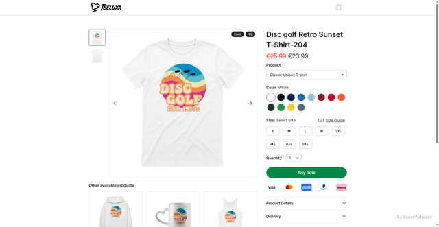 Security scan screenshot of https://teeluxa.com/disc-golf-retro-sunset-t-shirt-204?color=GILDAN-WHITE&productId=696d16c2bfce5b8fdc48cb08