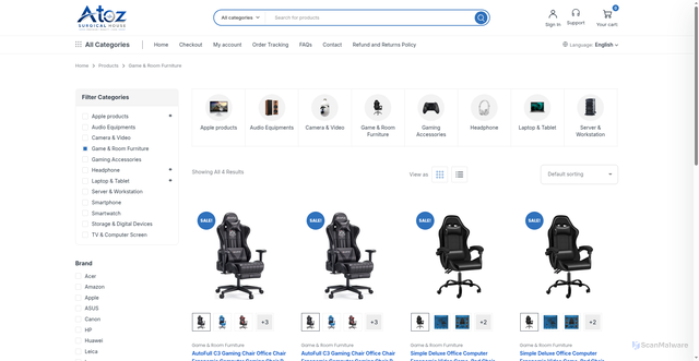 Security scan screenshot of https://atozsurgcialhouse.store/product-category/game-room-furniture/