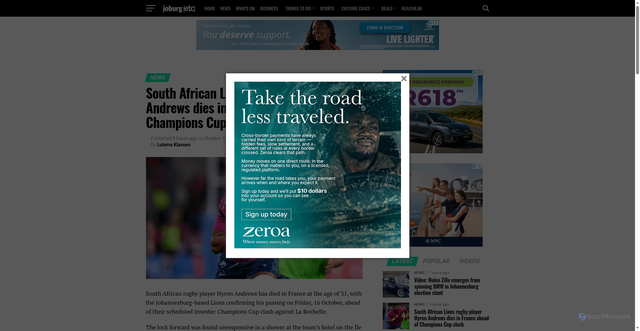Security scan screenshot of https://www.joburgetc.com/news/south-african-lions-rugby-player-hyron-andrews-dies-in-france-ahead-of-champions-cup-clash-2/