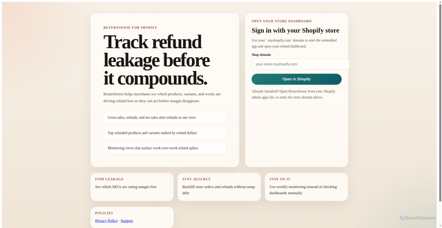 Security scan screenshot of https://returnsenseapp.com/
