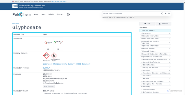 Security scan screenshot of https://pubchem.ncbi.nlm.nih.gov/compound/Glyphosate