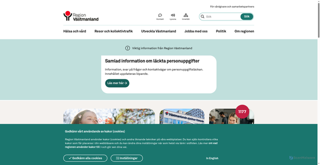 Security scan screenshot of https://www.regionvastmanland.se/