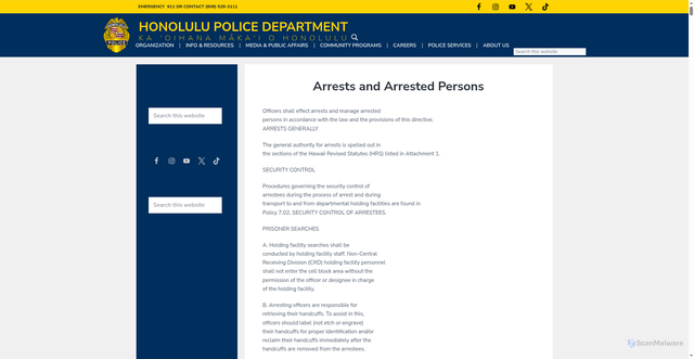 Security scan screenshot of https://www.honolulupd.org/policy/policy-arrests-and-arrested-persons/