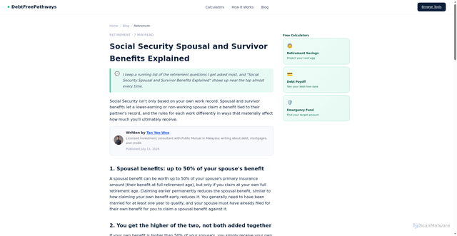 Security scan screenshot of https://debtfreepath.pages.dev/blog/social-security-spousal-survivor-benefits/