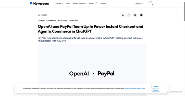 Security scan screenshot of https://newsroom.paypal-corp.com/2025-10-28-OpenAI-and-PayPal-Team-Up-to-Power-Instant-Checkout-and-Agentic-Commerce-in-ChatGPT