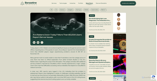 Security scan screenshot of https://benzatine.com/news-room/arc-raiders-faces-major-server-outage-over-60000-players-affected