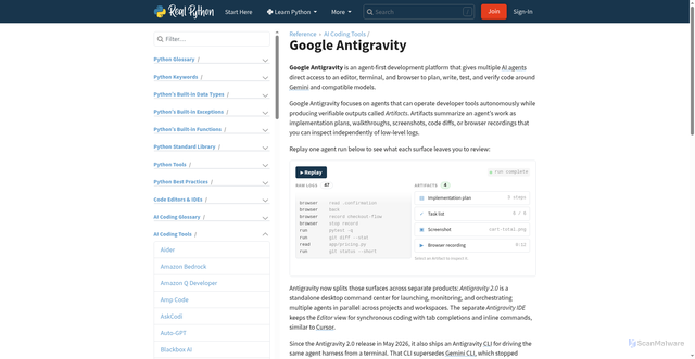 Security scan screenshot of https://realpython.com/ref/ai-coding-tools/google-antigravity/