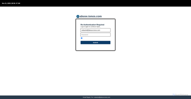 Security scan screenshot of https://rulrich.com/ww/index.php?emp=redacted@abuse.ionos.com