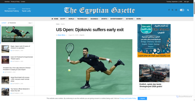 Security scan screenshot of https://egyptian-gazette.com/sports/us-open-djokovic-suffers-early-exit/