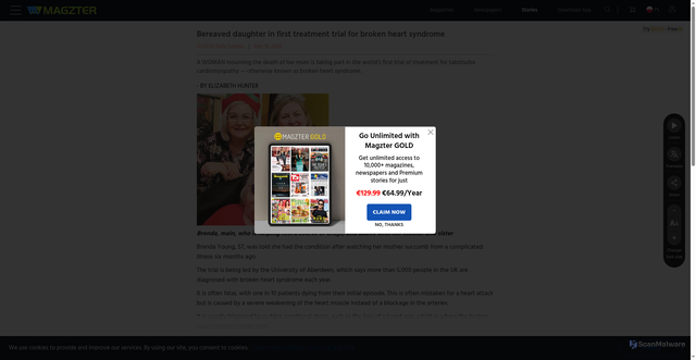 Security scan screenshot of https://www.magzter.com/stories/newspaper/Scottish-Daily-Express/BEREAVED-DAUGHTER-IN-FIRST-TREATMENT-TRIAL-FOR-BROKEN-HEART-SYNDROME?srsltid=AfmBOoo_1DeGuTkNc6-xdnPIwzznEBIOr4YgLTPLUnCOrpPBqmnF-vNq