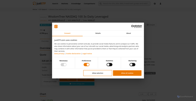 Security scan screenshot of https://www.justetf.com/en/etf-profile.html?isin=IE00BLRPRL42