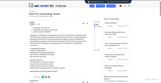 Security scan screenshot of https://forum.weintekusa.com/t/click-plc-connectivity-issues/181