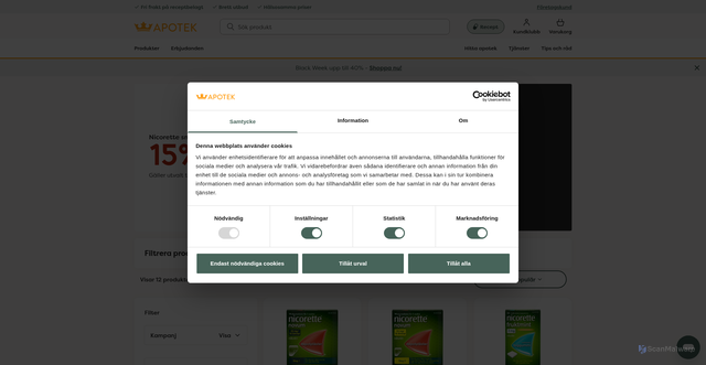 Security scan screenshot of https://www.kronansapotek.se/erbjudanden/nicorette-smapack/?utm_source=idrelay&utm_medium=email&utm_campaign=2025_K11_BlackFriday_fysisk&utm_content=2025_K11_BlackFriday_fysisk