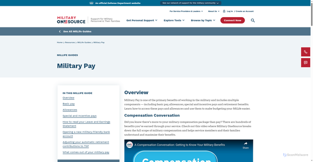 Security scan screenshot of https://www.militaryonesource.mil/resources/millife-guides/military-pay/