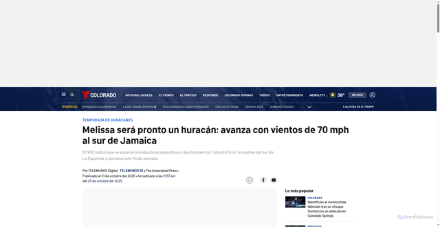 Security scan screenshot of https://www.telemundodenver.com/el-tiempo/huracanes/tormenta-tropical-melissa-trayectoria-actualizaciones/2428984/