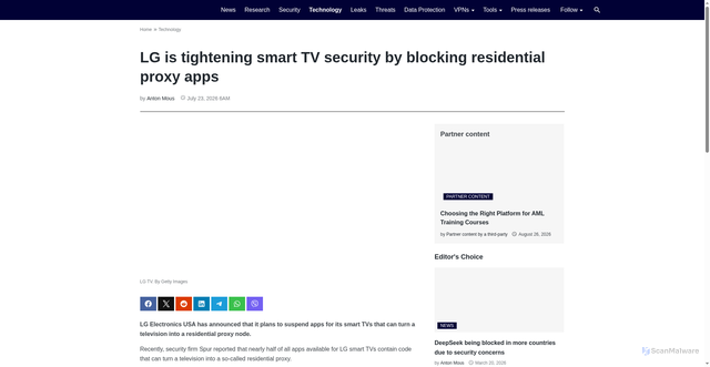 Security scan screenshot of https://cooltechzone.com/technology/lg-is-tightening-smart-tv-security-by-blocking-residential-proxy-apps