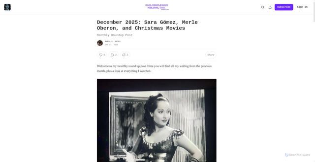 Security scan screenshot of https://oldfilmsflicker.substack.com/p/december-2025-sara-gomez-merle-oberon
