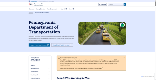 Security scan screenshot of https://penndot.gov