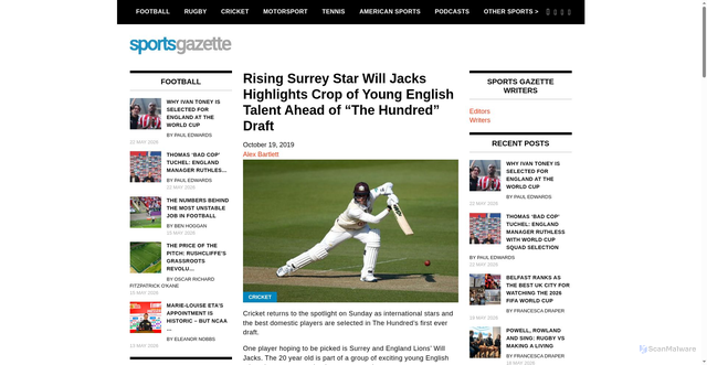 Security scan screenshot of https://sportsgazette.co.uk/rising-surrey-star-will-jacks-highlights-crop-of-young-english-talent-ahead-of-the-hundred-draft/