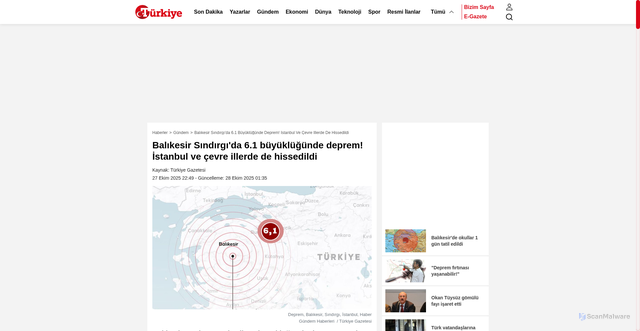 Security scan screenshot of https://www.turkiyegazetesi.com.tr/gundem/istanbulda-hissedilen-deprem-oldu-1155908