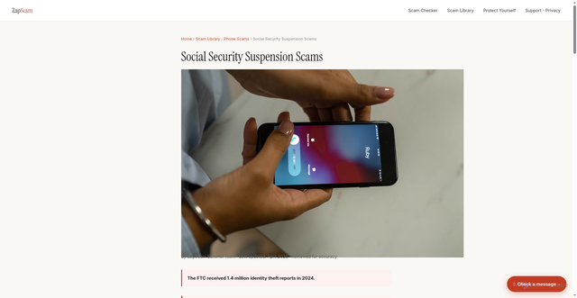Security scan screenshot of https://zapscam-site.pages.dev/scams/social-security-suspension-scams.html